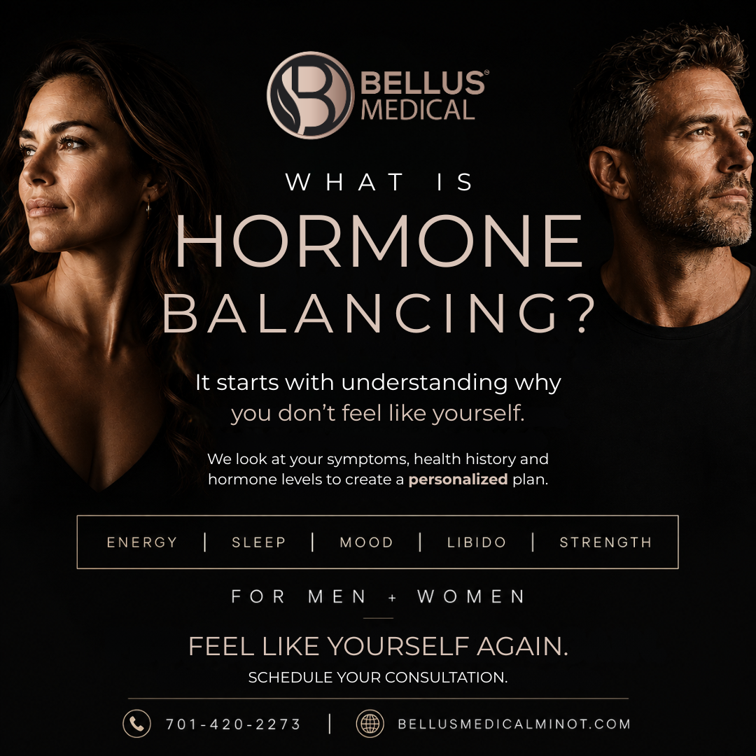 Bellus Medical ad with a woman on the left and a man on the right main headline What is Hormone Balancing and a prompt to schedule a consultation